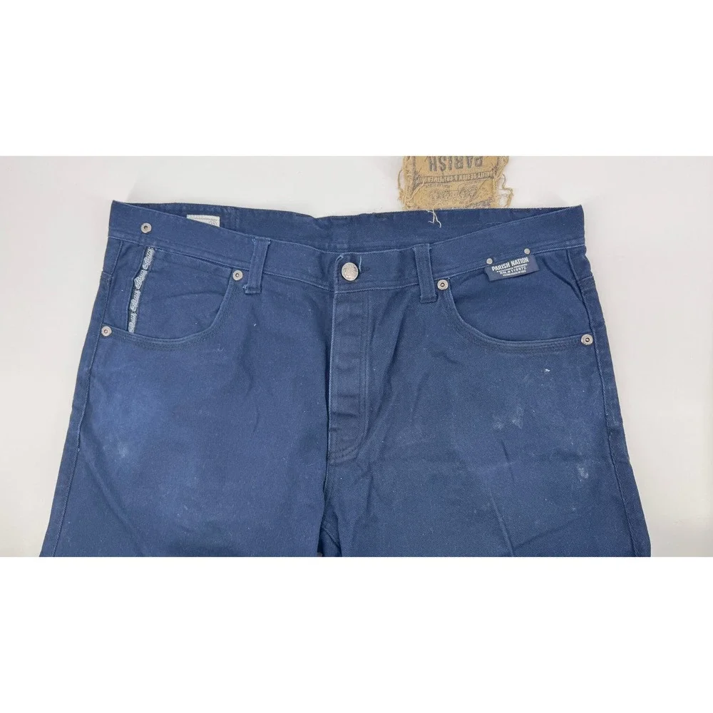 Parish Nation Jeans Mens 42 Navy Blue Distressed Patch Streetwear Denim Pants
